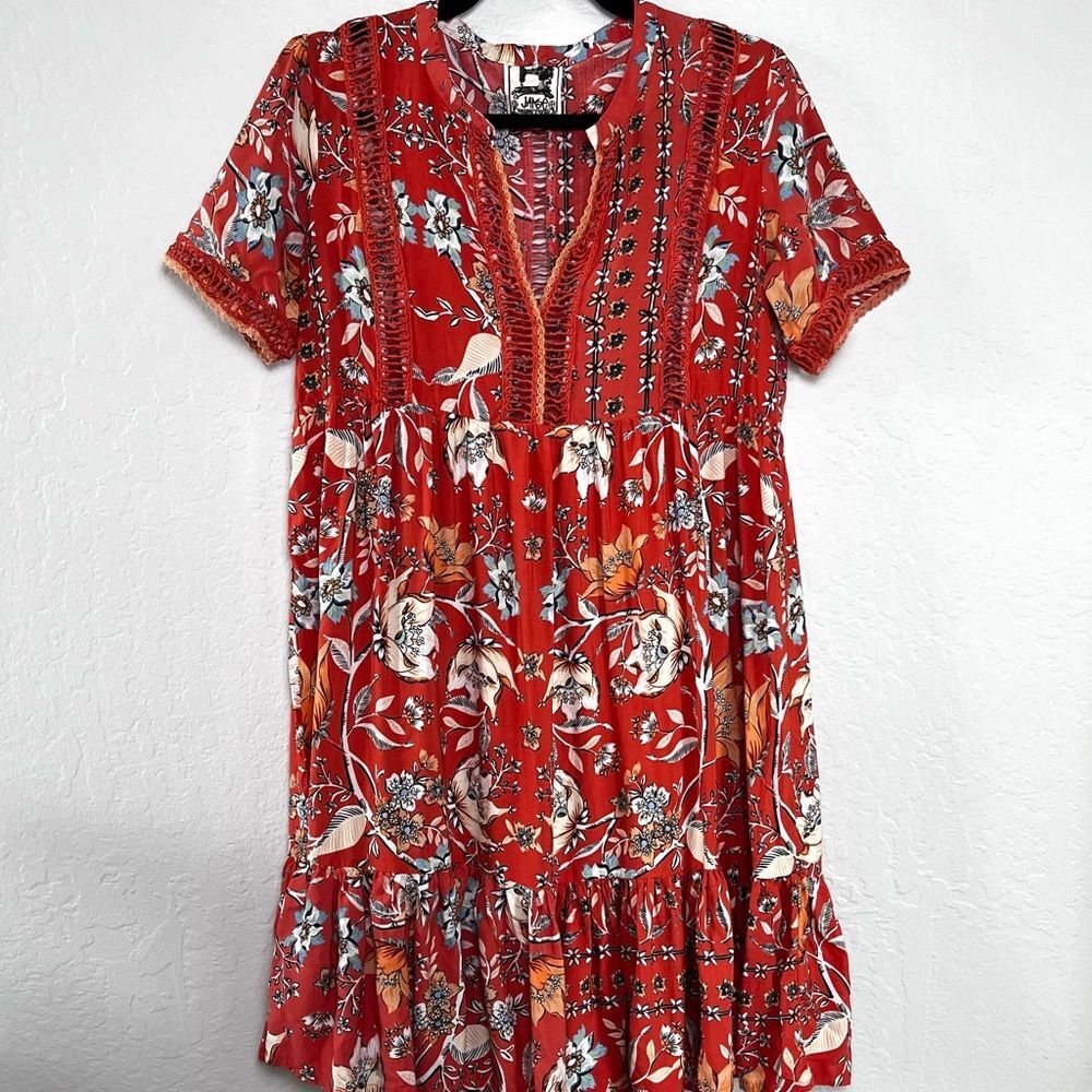 Jaase Boho Floral Mini Dress Tiered Orange Red Crochet V-Neck Medium Flowy